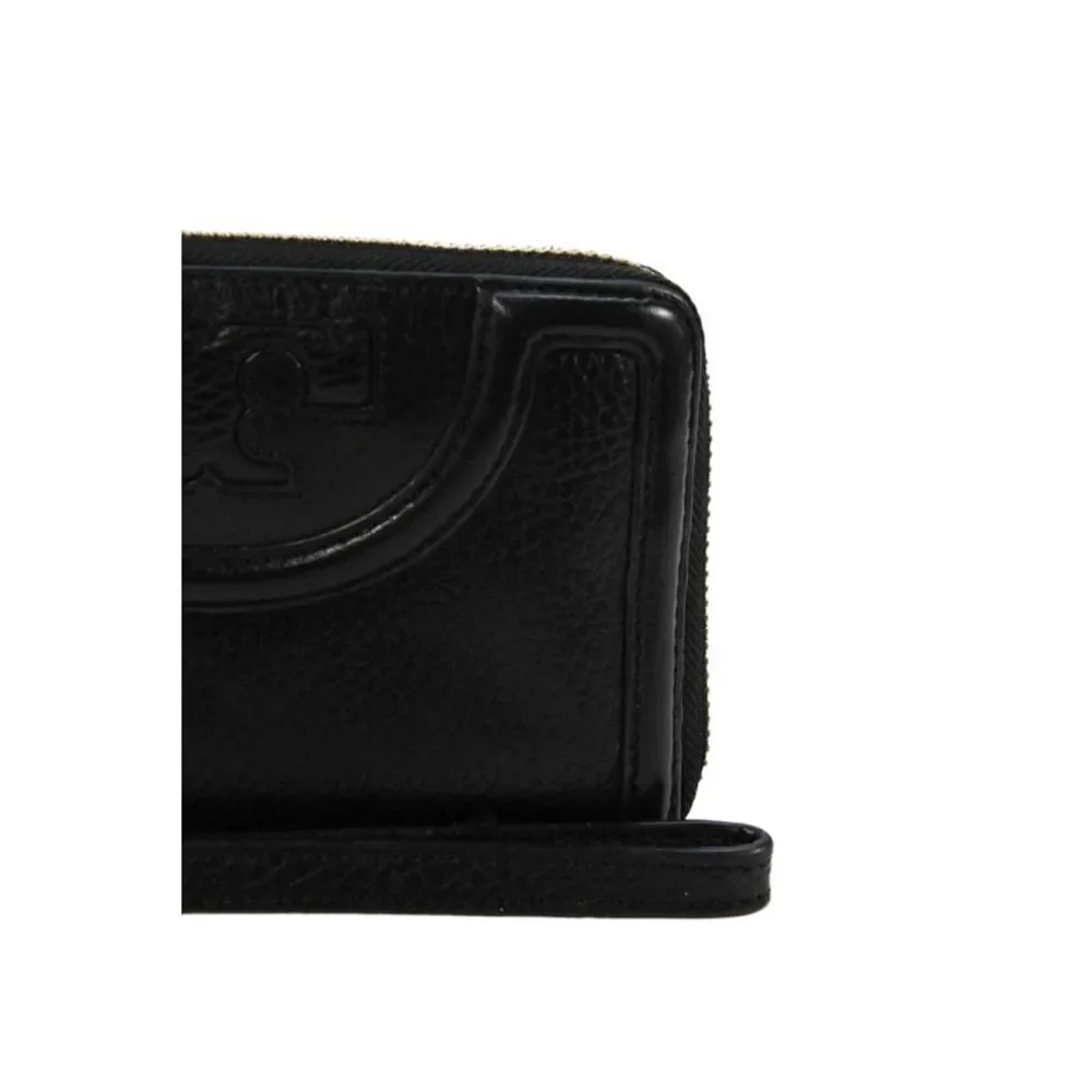 Tory Burch Women's Zip Closure Leather Gold Tone Hardware Wallet Black